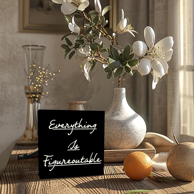 Inspirational Office Decor, Every Thing is Figure Outable Positive Office Accessories Wooden Box Sign, Motivational Gifts for Women Men Wall Desk Shelf Tabletop Decoration 5x5In