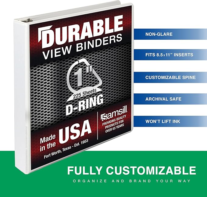 Samsill Durable 1 Inch Binder, Made in The USA, D Ring Binder, Customizable Clear View Cover, Pearl White, Holds 225 Pages