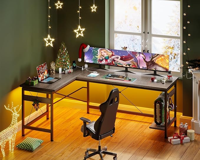 Coleshome 66" L Shaped Gaming Desk with Outlet, L Shaped Desk with CPU Stand, Corner Computer Desk, Home Office Desk, Writing Desk, Grey Oak