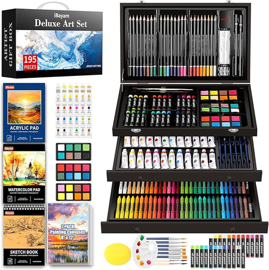 iBayam Deluxe Art Set,195-Pack Artist Gift Box, Arts and Crafts Drawing Painting Kit Art Supplies for Adults Teens Kids, Art Kits with 24 Acrylic Paint, Sketchbook, Canvases, Crayons, Pencils