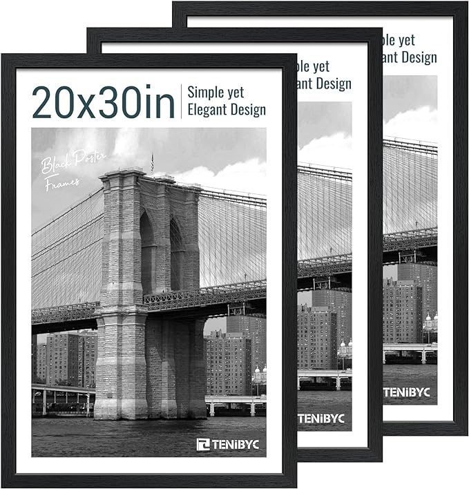 20x30 Poster Frame Set - 3 Pack, Textured Black Solid Wood Picture Frame, Wall Gallery Frame - Wall Hanging