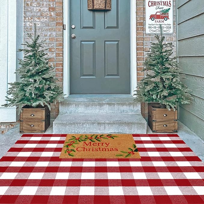 Christmas Red and White Plaid Rug, 4' x 6' Cotton Hand-Woven Layered Door Mat for Front Porch, Entryway, Outdoor Holiday Decor, Washable Buffalo Check Rug for Home, Patio, Kitchen