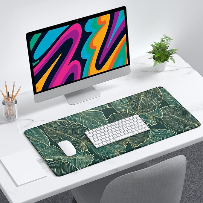 Desk Mat, 32" x 12" XXL Extended Large Gaming Mouse Pad, Desktop Decor Desk Pad, Cute Men Women Office Supplies and Accessories, XL Mouse Mat for Laptop & Keyboard, Teal Tropical Leaves
