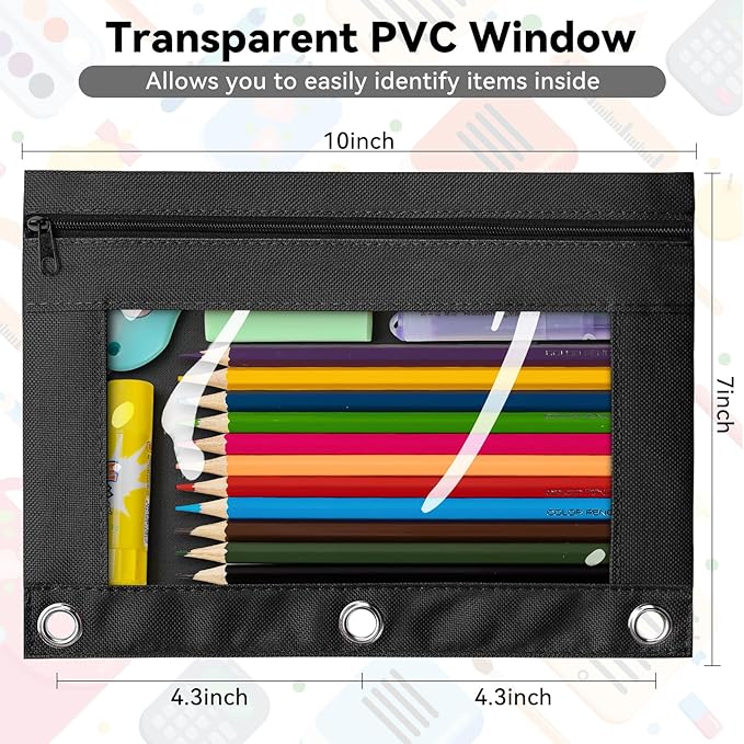 V-Opitos Pencil Pouch for 3 Ring Binder, 2 Pack Orange 3-Holes Zipper Pencil Pouches, Sturdy and Durable Cloth Pencil Case with Clear Window for Office School College Supplies