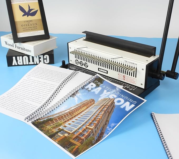 Rayson TD-1500B34 Binding Machine, Square Size Holes, 3:1 Pitch Wire-O Binder Punch 15 Sheets/Bind 130 Sheets with Sturdy Metal Construction