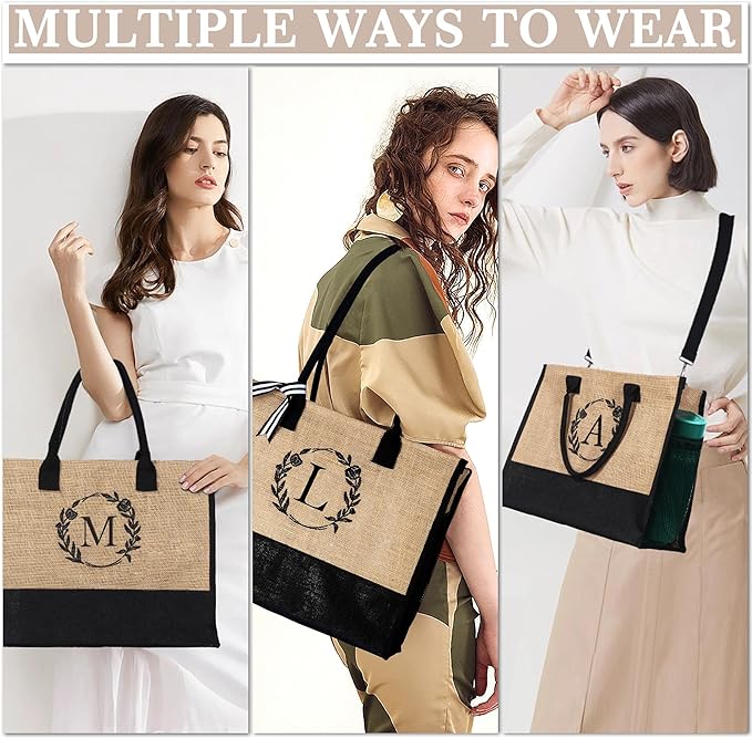 YOOLIFE Personalized Gifts for Women - Initial Jute Tote Bag & Makeup Bag, Birthday Gifts for Women Mom Wife Teacher Friend