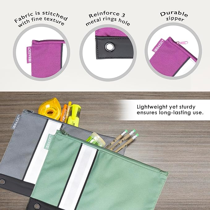 BAZIC Pencil Pouch 3 Ring Binder Pouch w/Rivet Enforced Rings Holes, Zipper Pouches Bag, Assorted Color, 24-Pack