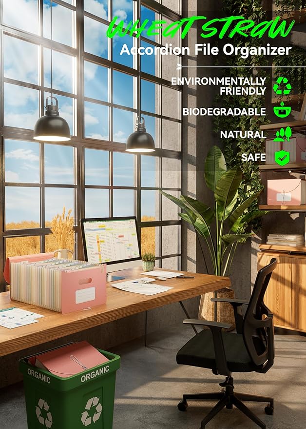 Accordion File Organizer, 26 Pockets Wheat Straw Expanding File Folder, Monthly Bill Receipt Organizer,A-Z Tabs,100% BPA Free,Return to Nature Healthy Living,Letter/A4 Size - Strawberry Pink