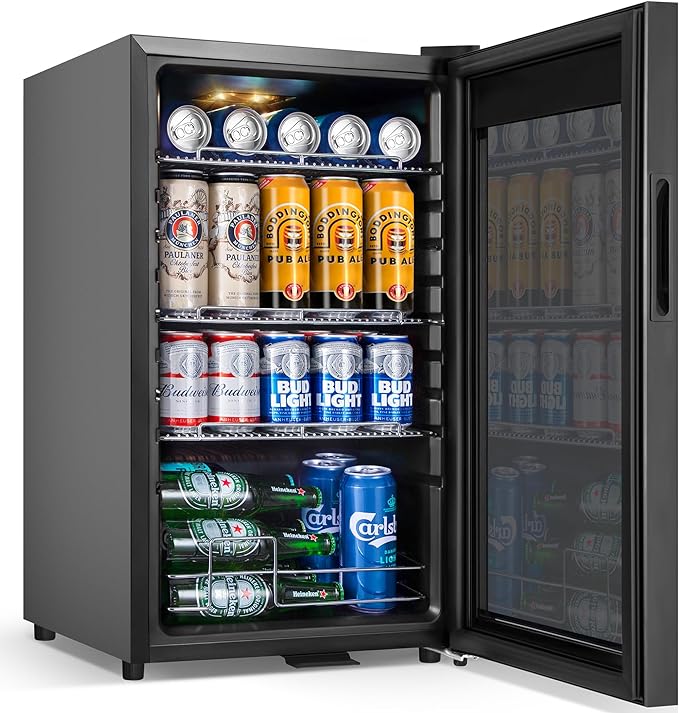 Beverage Refrigerator Cooler, 17 Inch 120 Cans Freestanding Mini Fridge with Glass Door, Adjustable Shelves and LED Light, Small Drink Fridge Counter-top Beer Fridge for Bedroom Office Bar