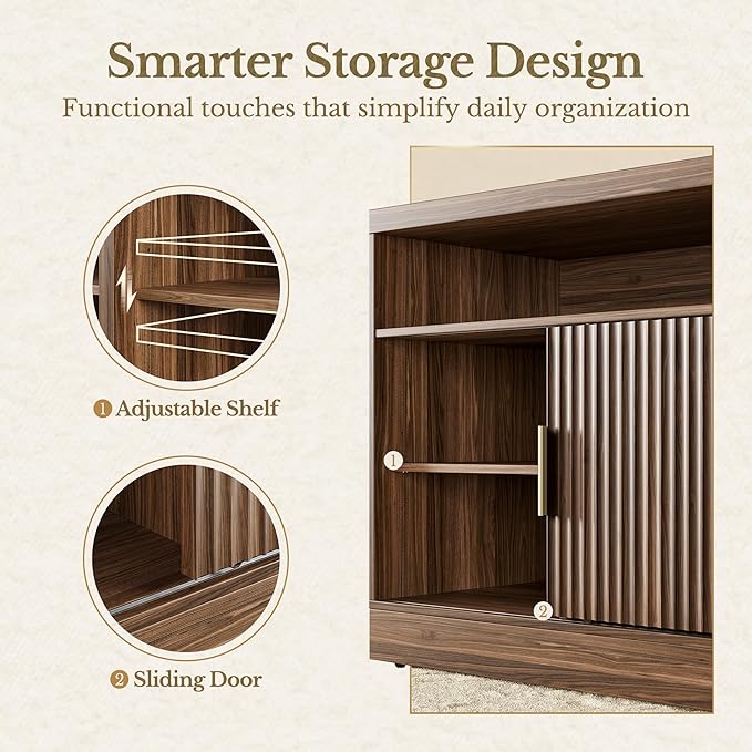 Fluted File Cabinet with Door, 32'' Lateral File Cabinet with Open Adjustable Shelves, Wood Filing Cabinet with Sliding Door for Home Office, Black Walnut