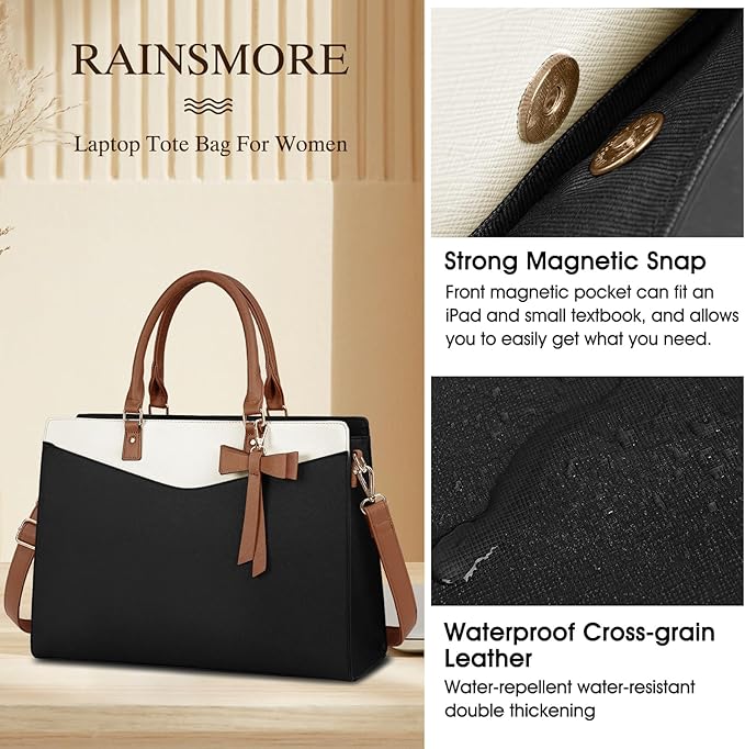 RAINSMORE Laptop Bag for Women 15.6 Inch PU Leather Tote Bag Professional Business Office Work Bag Waterproof Briefcase Computer Tote Bag Large Capacity Lightweight Handbag Shoulder