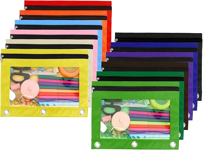 Pencil Pouch for 3 Ring Binder, 12 Pack Pencil Bags with Zipper, Large Capacity Pencil Case for Binder Assorted Color Pencil Case Pouch with Clear Window and Grommets Pencil Pocket for Office Supplies