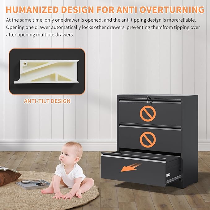 KEIKI 3 Drawer Lateral File Cabinet with Lock, 40.4" Heavy-Duty Metal Filing Cabinet, Wide Storage for Letter/Legal/A4/F4, Silent Full-Extension Slides, Anti-Tilt Safety for Home Office, Black