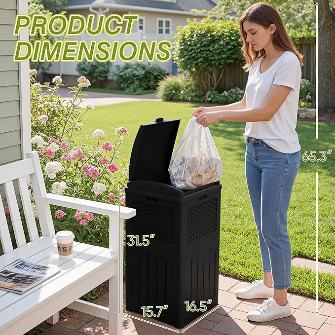 Greesum 33 Gallon Outdoor Trash Can with Lid, Waterproof Resin Garbage Bin for Hideaway, Deck, Patio, Black