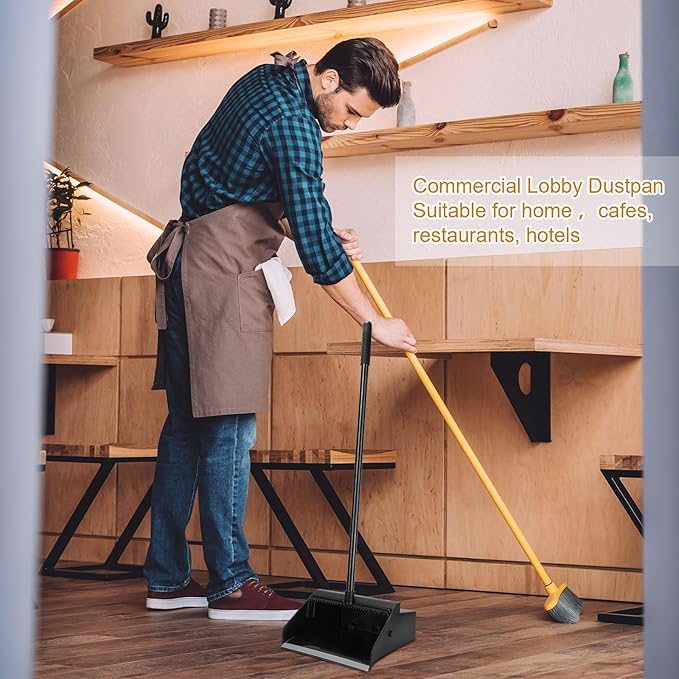 Leumoi 12 Pcs Dust Pans with Long Handle Set 36.6 Inch Commercial Dust Pan with Comb Large Plastic Stand up DustPans for Outdoor Indoor Restaurant Home Office Floor Cleaning (Black)