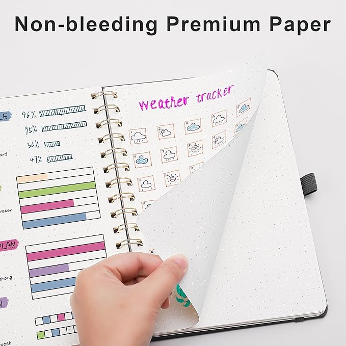 RETTACY Bullet Dotted Journal Notebook, 140 Pages, A5 Medium Size (5.7'' x 8.3''), Hardcover, 100 GSM Thick Paper, for Bullet Journaling, Planning, Tracking (Black)