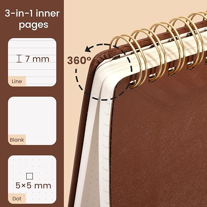 Yoment Small Notebooks 3x5 Leather Pocket Notepad 150 Pages Mini Top Spiral Notebook, 100 GSM Thick Paper, Memo Note Pads for Work School Nursing, Brown