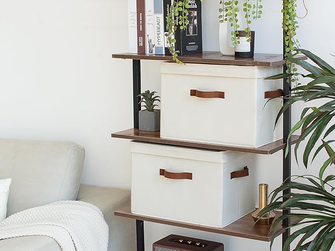 StorageWorks Fabric Storage Bins with Lid, Decorative Storage Boxes for Shelves, Stackable Closet Organizer Basket with Handles, Large, Ivory White, 2-Pack