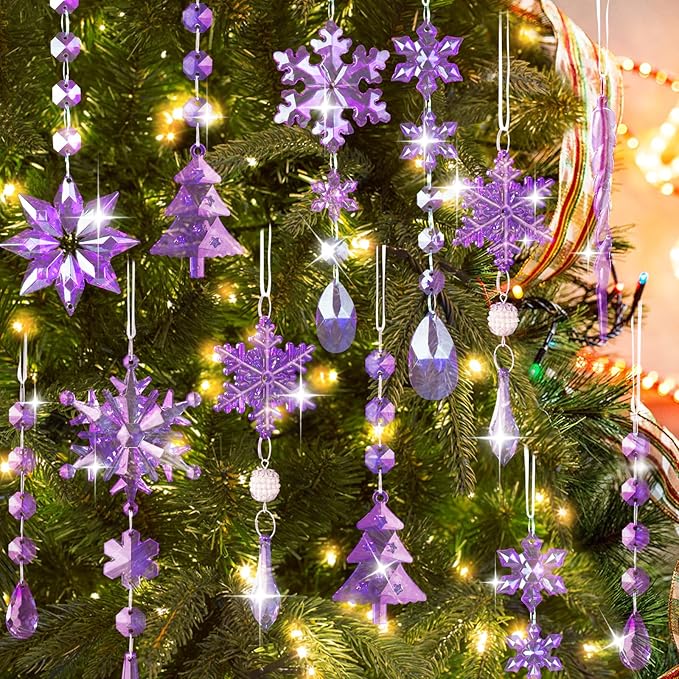 Lanpn 22pcs Christmas Ornaments Crystal Christmas Tree Decoration, Hanging Clear Acrylic Snowflake Icicle Drop Crystal Pendants for Xmas Tree Winter New Year Outdoor Indoor Party Decoration (Purple)