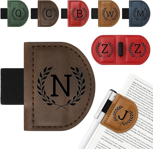 Personalized Bygone Mark Bookmark with Pen Holder,Engraving Leather Magnetic Bookmarks Vintage 26 Letters Name Initials Text Book Marker Clips Gifts for Reading Book Lovers Women (Coffee, N)
