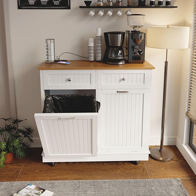 20 Gallon Tilt Out Trash Cabinet, Wooden Kitchen Trash Can Cabinet with Hideaway Drawer, Freestanding Laundry Hamper Garbage Recycling Cabinet on Wheels, Pet Proof, Double, White