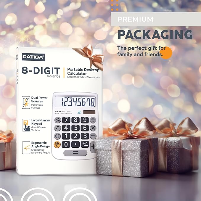 CATIGA Desktop Calculator 8 Digit with Solar Power and Easy to Read LCD Display, Big Buttons, for Home, Office, School, Class and Business, 4 Function Small Basic Calculators for Desk, CD-8185