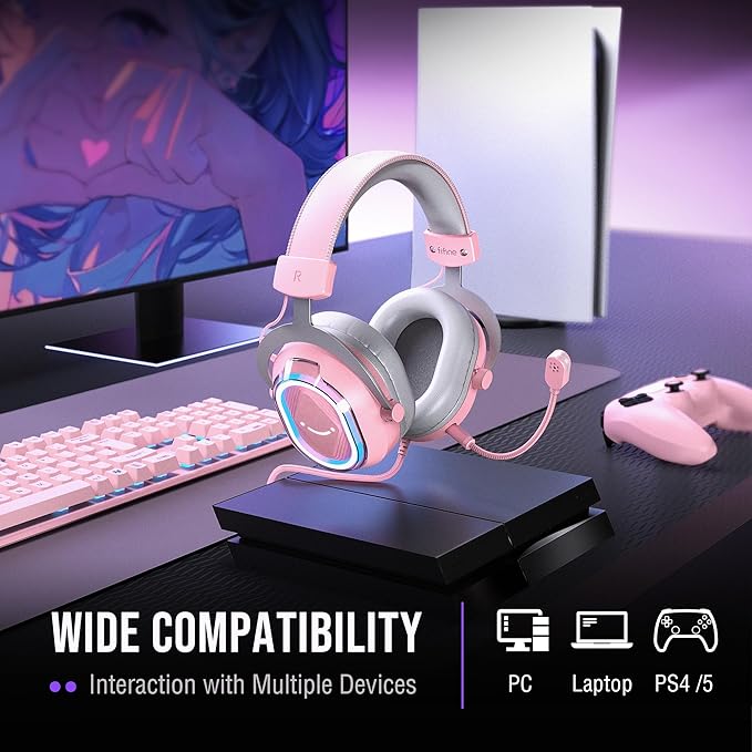 FIFINE Wired RGB Gaming Headset, PC Over-Ear Streaming Headset with USB, 7.1 Surround Sound, Noise-Cancelling Mic, Soft Ear Pads, 4 EQ Modes for PC, Laptop, Mac, PS4, PS5 - AmpliGame H13P (Pink)