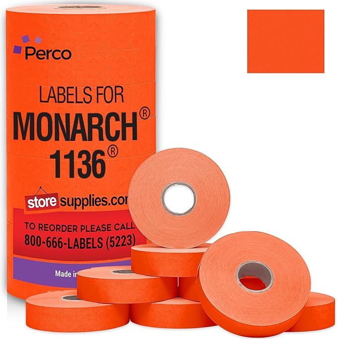 Perco Fluorescent Red Pricing Labels for Monarch 1136 Price Gun - 8 Rolls, 14,000 Pricemarking Labels