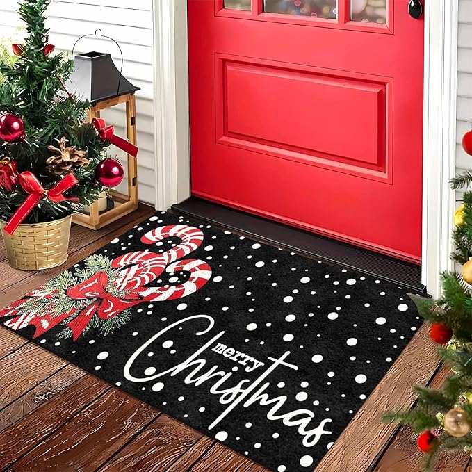 Christmas Door Mat Entrance Decoration Christmas Candy Cane Welcome Mat Black Door Front Porch Rug for Outside Front Porch Entryway Decor, 16" x 24" Inch