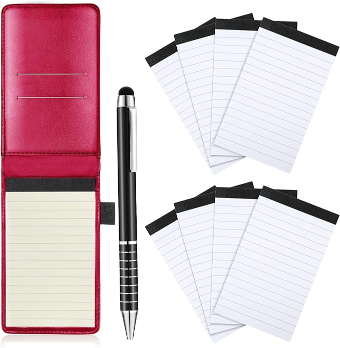 Outus 10 Pcs Pocket Notebook with Pen Set Included Mini Pocket Notepad Holder with 50 Lined Sheets, Metal Pen, 8 Pcs 3 x 5 Inch Memo Book Refills, 30 Lined Paper Per Note Pad (Rose Red)