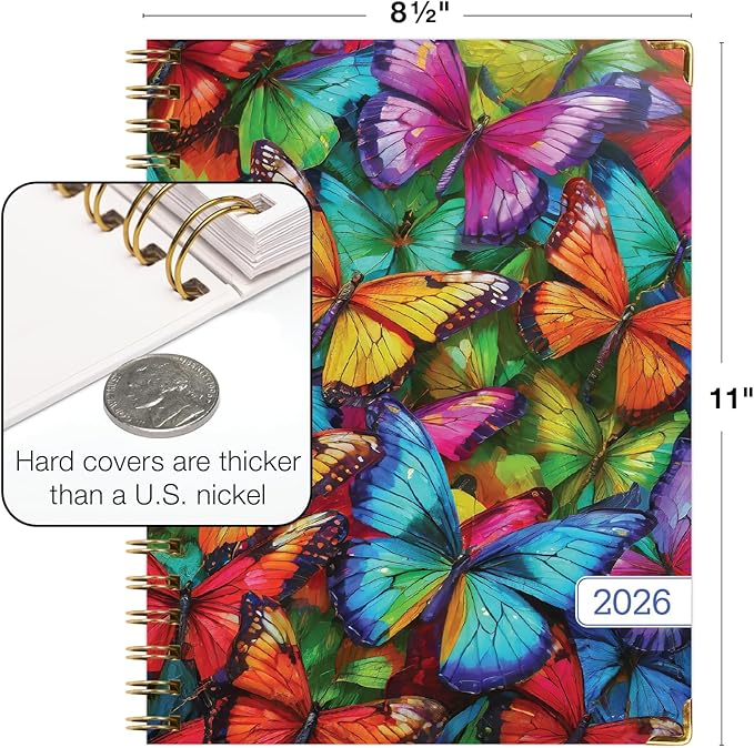 HARDCOVER 2026 Planner, 8.5"x11": 14 Months (November 2025 - December 2026), Daily Weekly Monthly Planner, Yearly Agenda, Bookmark, Pocket Folder and Sticky Note Set (Colorful Butterflies)