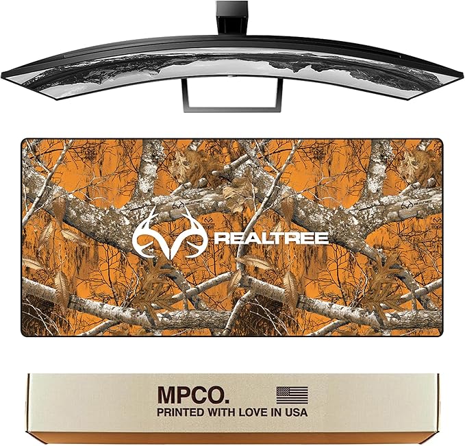 MPCO. Real Tree Large Gaming Desk Pad - 36" x 17" Duraglyde Fabric Edge Orange – with Logo Desk Mats - Non-Slip, Washable, Smooth Glide for Precision Gaming & Work