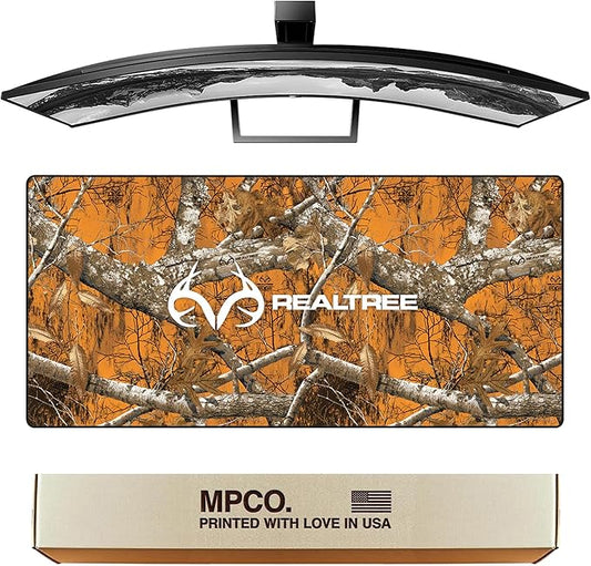 MPCO. Real Tree Large Gaming Desk Pad - 36" x 17" Duraglyde Fabric Edge Orange – with Logo Desk Mats - Non-Slip, Washable, Smooth Glide for Precision Gaming & Work