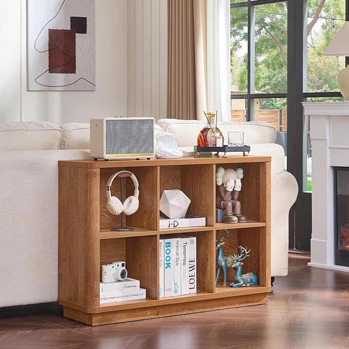 6 Cube Storage Book Shelf, 40" Wide Low Horizontal Bookcase with Curved Edge, Floor Standing 2-Tier Wooden Bookshelf with Base, Modern Short Book Case for Bedroom, Study, Entryway, Brown