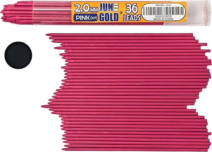 June Gold 36 Pink (Taffy #107) Colored 2.0 mm Lead Refills, Bold Thickness for Heavy Use, Break Resistant with a Convenient Dispenser