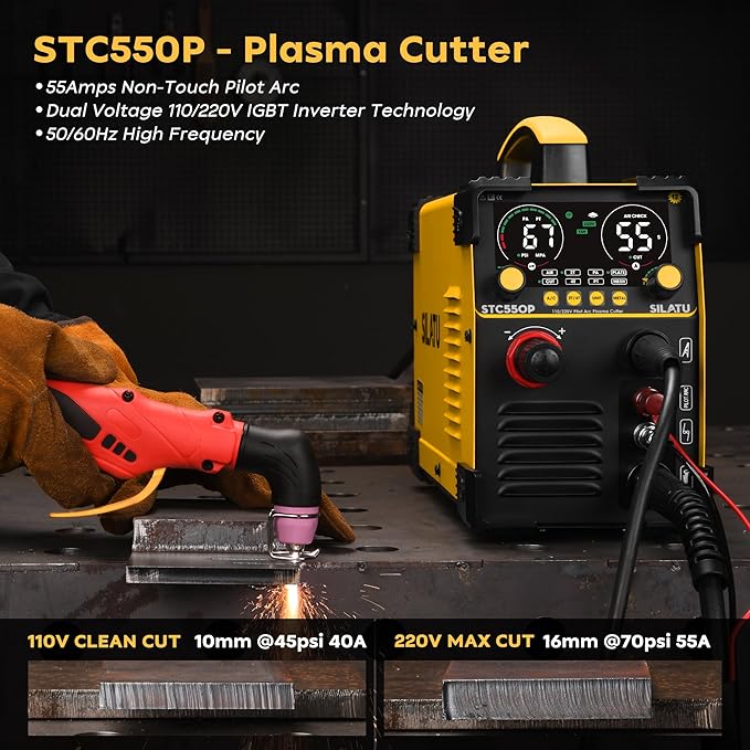SILATU 55Amps Plasma Cutter, Large LED Display, Non-Touch Pilot Arc, Air Sensor Technology, 110/220V Dual Voltage IGBT Inverter Plasma Cutter Machine, 1/2'' Clean Cutting Thickness for Beginners DIY