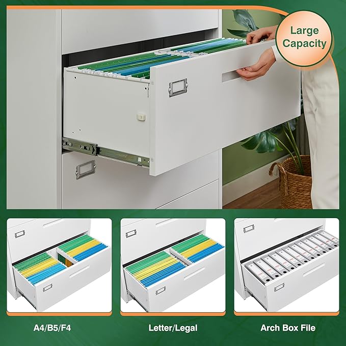 Letaya 4 Drawer File Cabinet with Lock, Metal Lateral Filing Cabinet Wide Office Organization Storage for Home Office Hanging Letter/Legal/F4/A4 (White-Requires Installation)