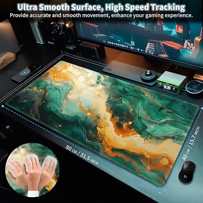 Gaming Mouse Pad, EDGFRTOIO Keyboard Mouse Pad 31.5x15.7 inch XXL Large Computer Laptop Cool Desk Mat with Non-Slip Rubber Base and Stitched Edge for Home Office Work, Green Orange Marble