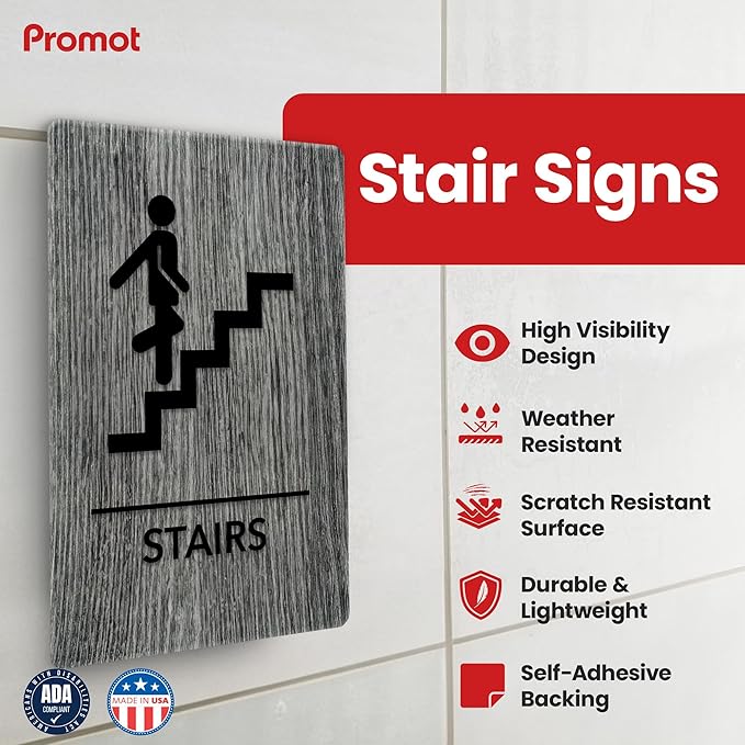 Promot Stair Sign – ADA Braille Stairway Sign for Business, Self-Adhesive, 9" x 6", Commercial Door Signage, Office Wall Decor - Classic Grey