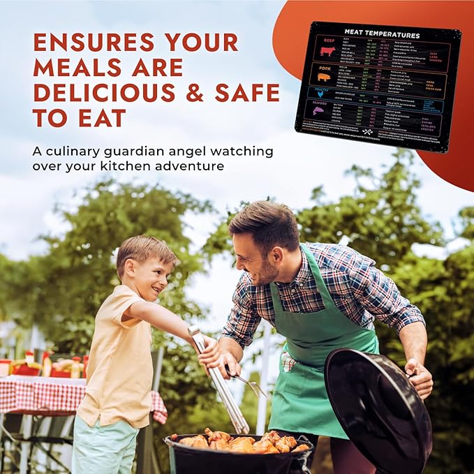 Levain & Co Meat Temperature Magnet - Beef, Poultry, Fish & Pork Cooking Chart - Horizontal - Meat Temp Magnet Kitchen Tools Cooking Gadgets - Fridge Accessories