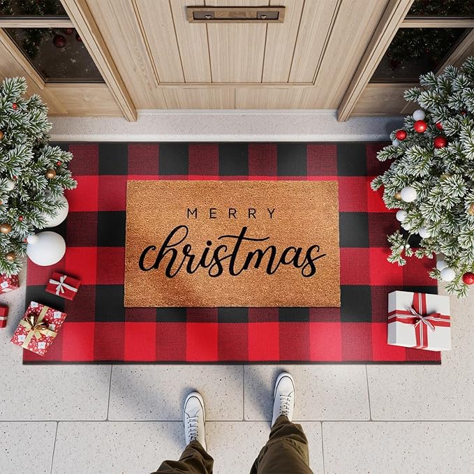KIMODE Buffalo Plaid Outdoor Rug Red and Black 24"X51",Washable Christmas Front Door Mat,Reversible Cotton Hand-Woven Layering Rug for Front Porch Christmas Decor,Entryway,Kitchen