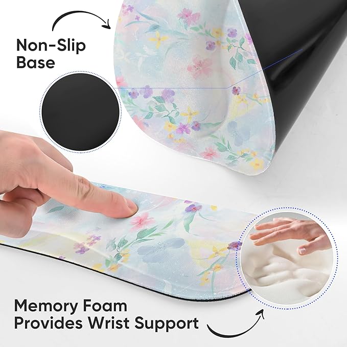 Ergonomic Keyboard Mouse Pad Wrist Rest Support Set for Laptop/Computer/Desktop,Memory Foam Hand Rest Wrist Cushion for Gaming/Office,Lightweight Comfortable & Pain Relief (Colorful Flowers)