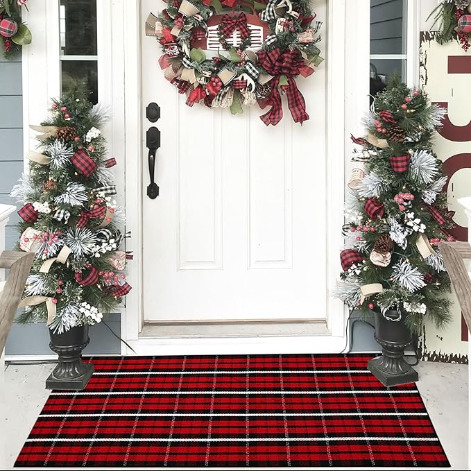 Buffalo Plaid Outdoor Rug Christmas Door Mat Christmas Decor Welcome Rug Cotton Hand-Woven Layered Door Mats for Front Porch, Kitchen, Farmhouse, Entryway (24"x51", Red/Black/White)