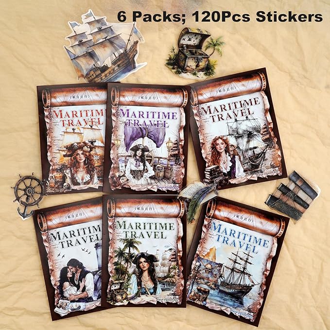 120Pcs Vintage Pirate PET Stickers, Maritime Travel Scrapbook Ephemera for Journaling Planners Waterproof Craft Supplies