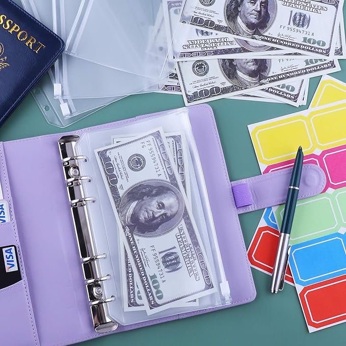 Antner A6 Budget Binder with Zipper Cash Envelopes for Money Organizer & Budgeting, PU Leather Budget Planner Money Saving Binder with Cash Stuffing Envelopes & Labels for Home Office Travel, Purple