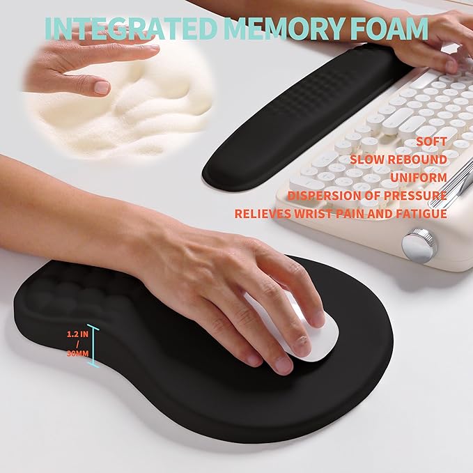 2-in-1 Ergonomic Set, Wave Rise Keyboard Wrist Rest and Massage Bulge Slope Mouse Pad Wrist Support, Cushion Memory Foam Integrated to Relieve Wrist Pain, Black