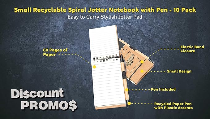 DISCOUNT PROMOS 10 Recyclable Spiral Small Notebooks Pack - Customizable Text, Logo - 60 Lined Pages - Black