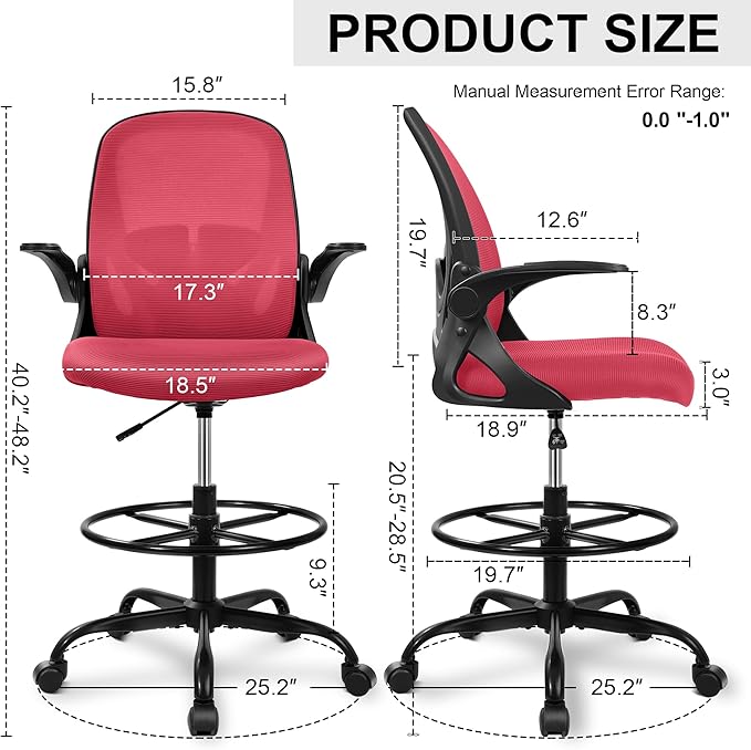 Primy Drafting Chair Tall Office Chair with Flip-up Armrests Executive Ergonomic Computer Standing Desk Chair with Lumbar Support and Adjustable Footrest Ring (Fire Brick)