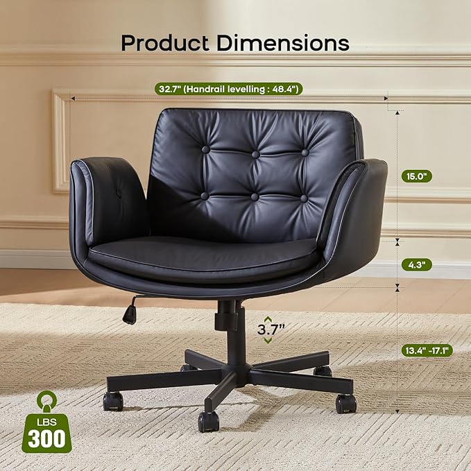 Criss Cross Chair with Armrests & Wheels, PU Leather Vanity Chair, Comfortable Adjustable Swivel Computer Office Desk Chairs for Home, Make Up, Bed Room (Black)