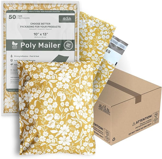 Poly Mailers 10x13 Inch 500 Pack Medium Shipping Bags Strong Thick Mailing Envelopes | Self Sealing Adhesive | Waterproof & Tear Resistant | Small Business Packaging - Floral Mustard Yellow